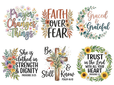 Christian faith quotes with floral wreaths isolated on transparent