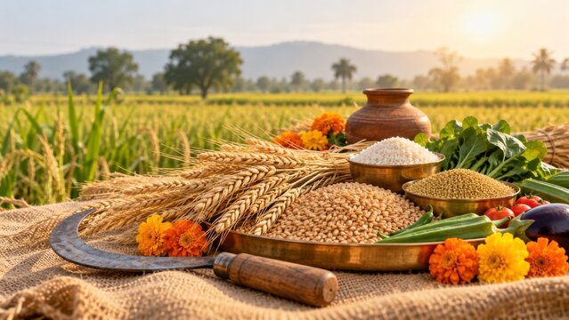 National Farmers Day celebration concept with harvested wheat, grains, sickle, and marigold flowers on a jute background against an Indian rural landscape