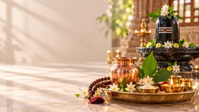 Traditional Hindu Pradosh Vrat ritual worship setup with Shiva Lingam, bilva leaves, copper kalash, rudraksha mala, and oil lamps in an ancient Indian temple at sunset