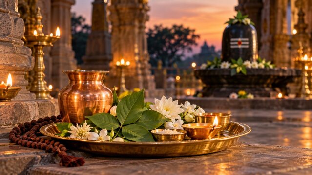 Traditional Hindu Pradosh Vrat ritual worship setup with Shiva Lingam, bilva leaves, copper kalash, rudraksha mala, and oil lamps in an ancient Indian temple at sunset