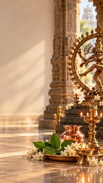 Traditional Hindu temple ritual setup with brass oil lamps, bilva leaves, jasmine flowers, and Nataraja statue in the background for Arudra Darshan or Maha Shivaratri festival.