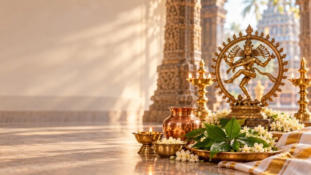 Traditional Hindu temple ritual setup with brass oil lamps, bilva leaves, jasmine flowers, and Nataraja statue in the background for Arudra Darshan or Maha Shivaratri festival.