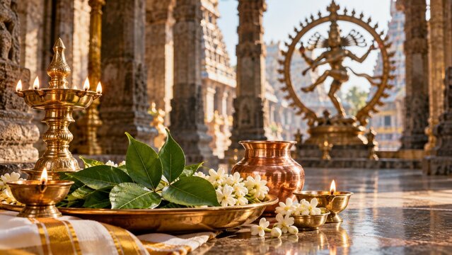 Traditional Hindu temple ritual setup with brass oil lamps, bilva leaves, jasmine flowers, and Nataraja statue in the background for Arudra Darshan or Maha Shivaratri festival.