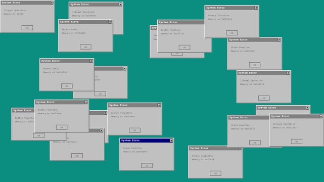Retro operating system critical error popups multiplying across screen ending in blue screen crash. 4k animation