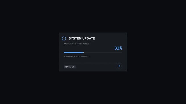 Futuristic software upgrade progress widget system update loading bar animation dark application status card. 4k animation