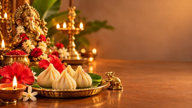 Traditional Indian sweet modak offered to Lord Ganesha with red hibiscus flowers, brass lamp, and mouse figurine for Ganesh Chaturthi festival celebration.