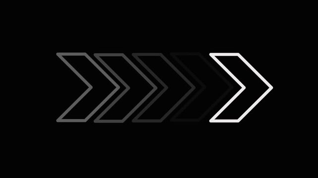 Sequence of five chevron arrows pointing right in a progress bar style a series of arrow outlines moving or filling up from left