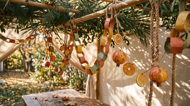 Close up of natural handmade paper chain decorations and dried fruits hanging from the roof of a sukkah