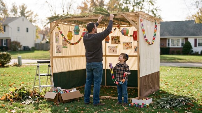 A father and little boy building a sukkah together holding paper chain decorations on a sunny autumn day