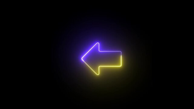 Left pointing neon arrow with yellow and purple gradient a single facing directional with a shift from to glowing light