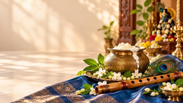 Krishna Janmashtami celebration background with traditional makhan handi pot of butter, bamboo flute bansuri, peacock feather, tulsi leaves, and diya lamps on blue silk