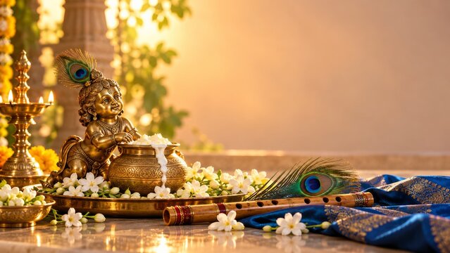Krishna Janmashtami celebration background with traditional makhan handi pot of butter, bamboo flute bansuri, peacock feather, tulsi leaves, and diya lamps on blue silk