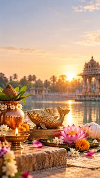 Traditional Hindu ritual offerings for Matsya Dwadashi festival in India featuring a golden fish statue, lotus flowers, conch shell, and lit diya near a sacred temple pool at sunrise.