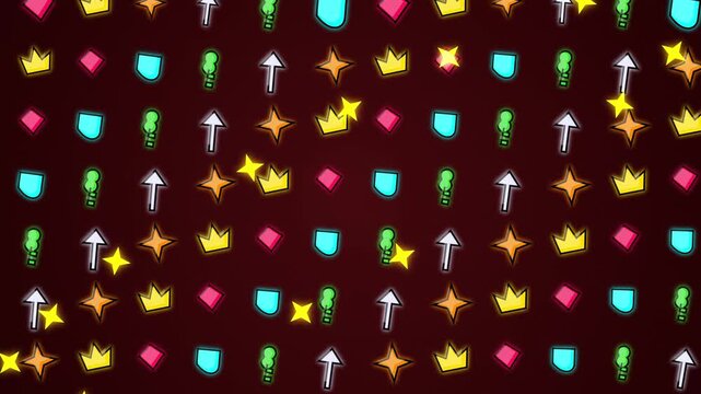 Colorful video game assets pattern on dark background