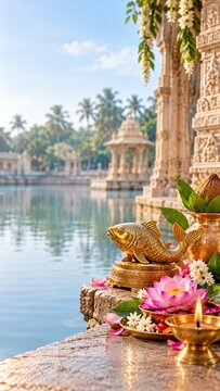 Traditional Hindu ritual offerings for Matsya Dwadashi festival in India featuring a golden fish statue, lotus flowers, conch shell, and lit diya near a sacred temple pool at sunrise.