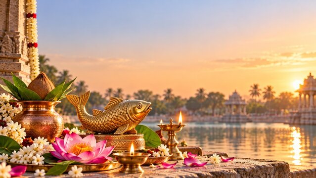 Traditional Hindu ritual offerings for Matsya Dwadashi festival in India featuring a golden fish statue, lotus flowers, conch shell, and lit diya near a sacred temple pool at sunrise.