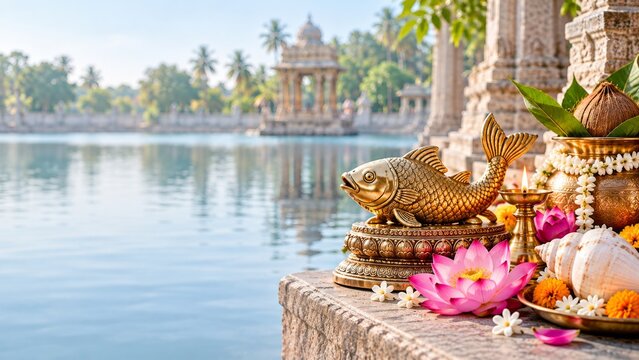 Traditional Hindu ritual offerings for Matsya Dwadashi festival in India featuring a golden fish statue, lotus flowers, conch shell, and lit diya near a sacred temple pool at sunrise.