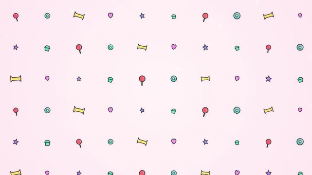 Colorful candy and sweet treat pattern on light pink backdrop