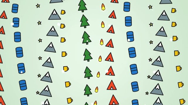 Cartoon camping icons pattern with mountains and tents
