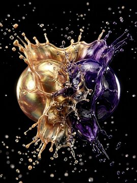 Colliding Golden and Purple Metallic Liquid Spheres with Splashes