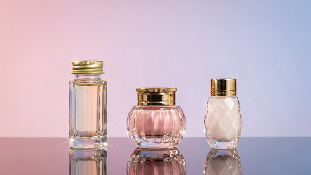 Three glass cosmetic bottles with gold caps, including a tall rectangular bottle, a round jar, and a textured jar, on a reflective surface