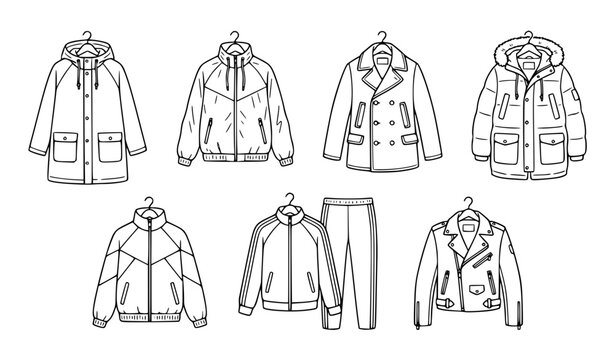 Outerwear clothes and apparel doodle thin line art vector icon set with raincoat windbreaker peacoat parka and motorbike jacket