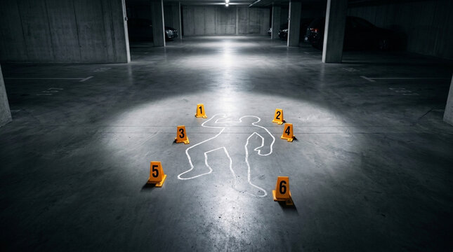 Crime Scene Investigation Chalk Outline of Body with Evidence Markers in Dark Parking Garage