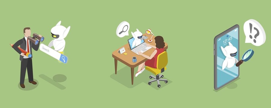 3D Isometric Flat Vector Illustration of AI Search, Artificial Intelligence Robot Answer Questions