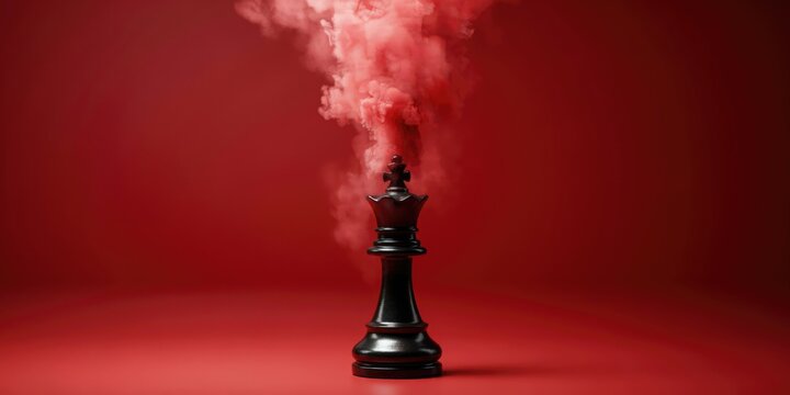 Black chess king piece surrounded by rising red smoke on a solid red background