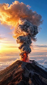 Volcano eruption with rising ash smoke plume and glowing lava at sunset over clouds