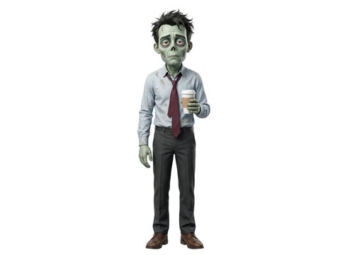 Tired cartoon zombie office worker holding coffee cup