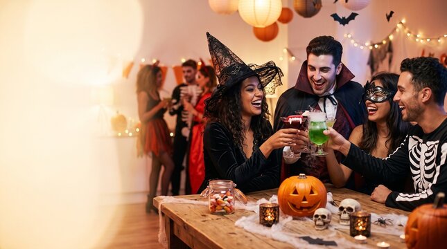 A diverse group of laughing friends in stylish Halloween costumes clinking spooky cocktail glasses at a festive party