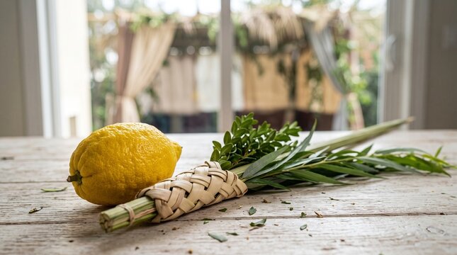 Close up of the traditional Four Species lulav and etrog on a rustic wooden table for the Jewish holiday of Sukkot