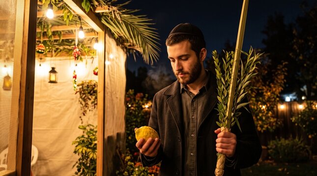 A young Jewish man wearing a kippah holding the traditional Four Species preparing for a blessing outside a sukkah at night