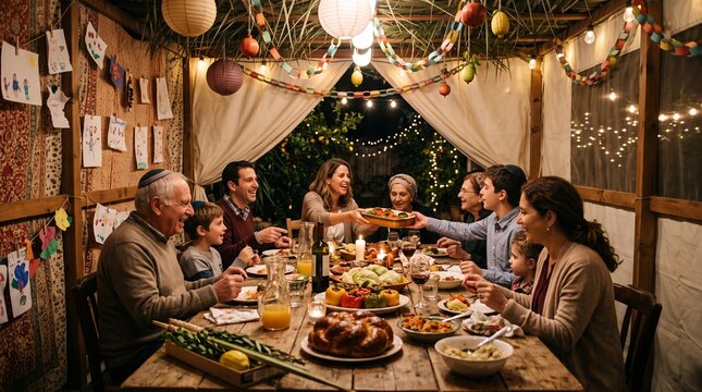 A happy multigenerational Jewish family enjoying a festive holiday dinner together inside a beautifully decorated sukkah