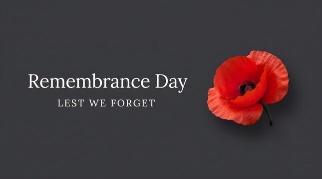 A respectful remembrance day graphic featuring a vibrant red poppy flower and the solemn text lest we forget