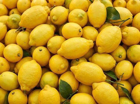 Fresh harvested organic yellow lemons piled together in large quantity for healthy citrus juice production and culinary recipes in a market place display that highlights natural ripe farm fruit