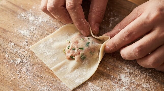 Close-up of hands making dumplings with filling on a floured wooden surface, preparing traditional Asian food, cooking process, homemade food concept