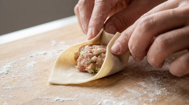 Close-up of hands making dumplings on a wooden board, stuffing raw meat filling into a dough wrapper. Process of preparing traditional Asian cuisine.
