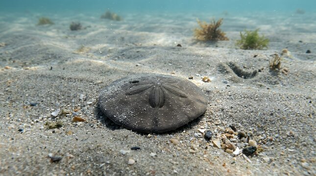 Flattened eccentric sand dollar marine echinoderm creature resting on natural wet ocean sand habitat representing coastal sea fauna biodiversity underwater wildlife and marine biology environment