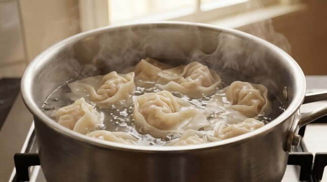 Close-up of wontons boiling in a stainless steel pot on a stovetop, with steam rising, hinting at a home-cooked meal.