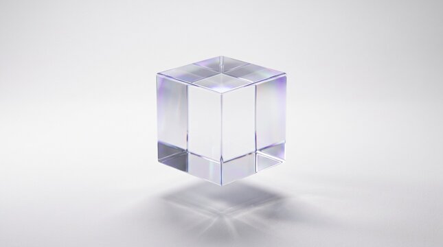 Minimalist transparent glass cube floating in center with soft light refraction casting a subtle shadow on a clean white background, creating a sleek modern aesthetic for high-end abstract design work