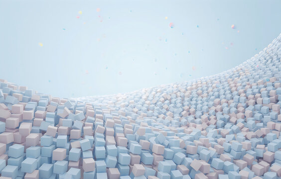 Abstract background with a wave of small pastel colored cubes forming a textured surface with soft lighting