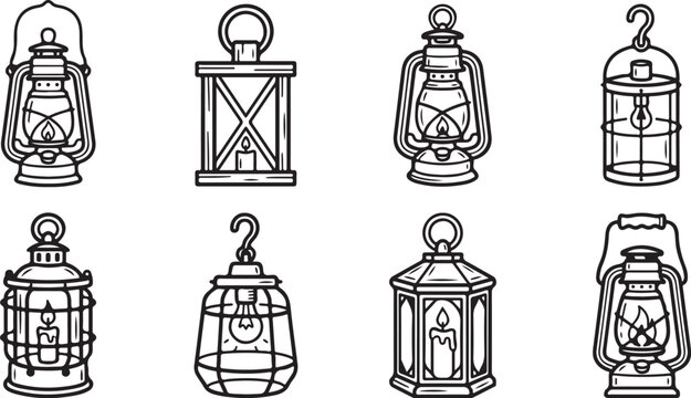 Vintage lanterns and old style oil lamps set