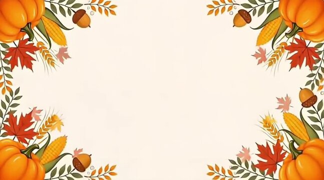 Animated Autumn Border Frame with Colorful Fall Leaves, Pumpkins, Acorns and Harvest Elements Around Blank Copy Space