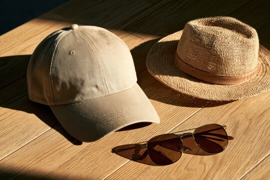 Baseball cap, straw hat, and sunglasses on a wooden table, representing summer travel