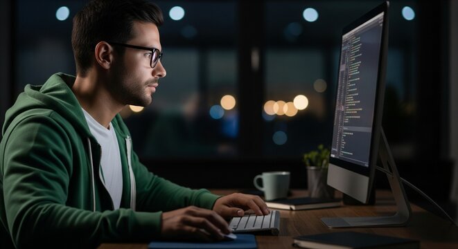 Male programmer coding on computer at night in home office