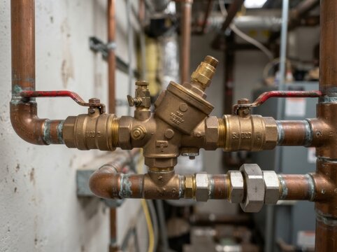 backflow preventer valve closeup Rusty pipe valve in an industrial setting with connected metal plumbing pipes.