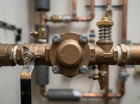 backflow preventer valve closeup Rusty industrial pipe valve with copper piping in the background