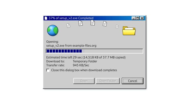 Retro file download window animation on white background, vintage computer progress bar copying setup file with globe and folder icons, 90s interface